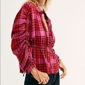 Free People Pacific Dawn Plaid Shirt Red Combo